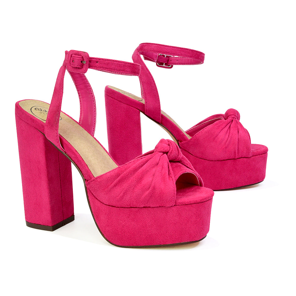 Lillian Peep Toe Strappy Chunky Block High Heel Platform Shoes in Fuchsia Faux Suede
