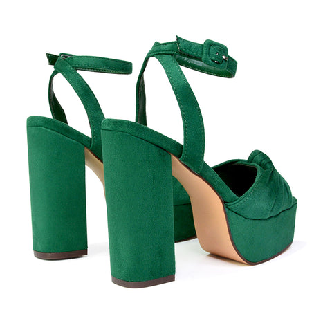 Lillian Peep Toe Strappy Chunky Block High Heel Platform Shoes in Green Faux Suede