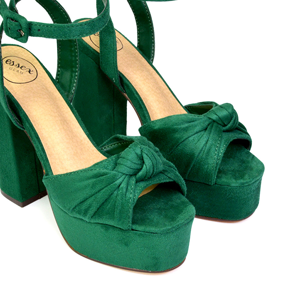 Lillian Peep Toe Strappy Chunky Block High Heel Platform Shoes in Green Faux Suede