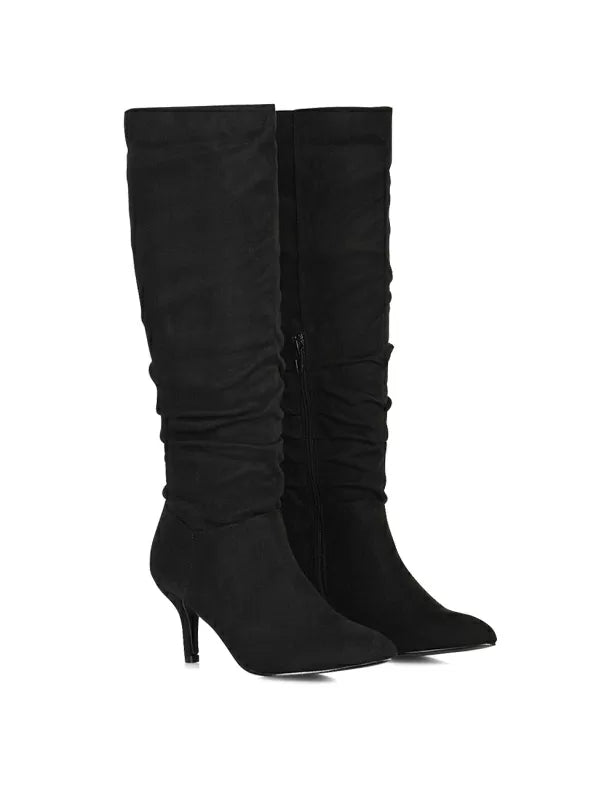 Sian Pointed Toe Knee High Ruched Stiletto High Heeled Boots in Denim