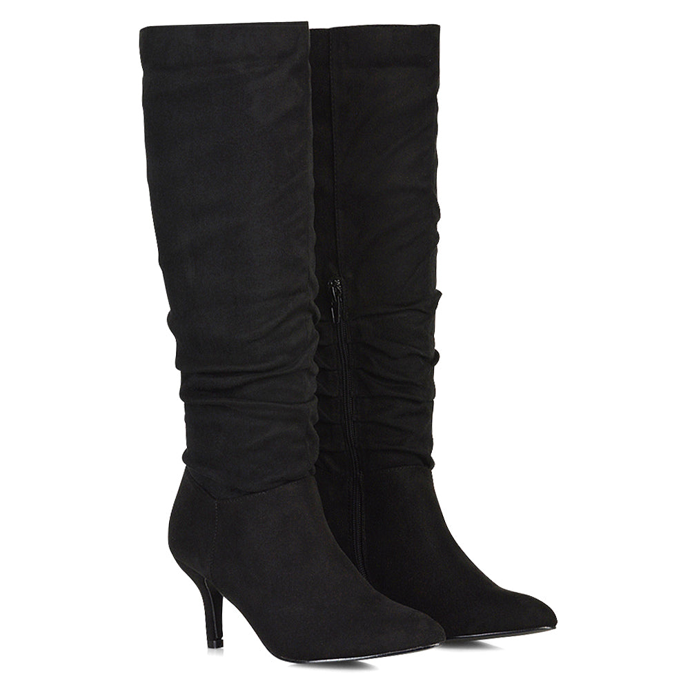Sian Pointed Toe Knee High Ruched Stiletto High Heeled Boots in Black Faux Suede
