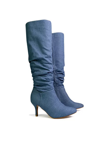 denim high heel knee high boots