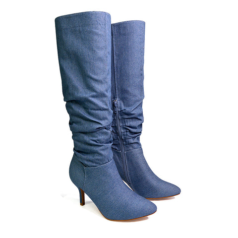 Sian Pointed Toe Knee High Ruched Stiletto High Heeled Boots in Denim