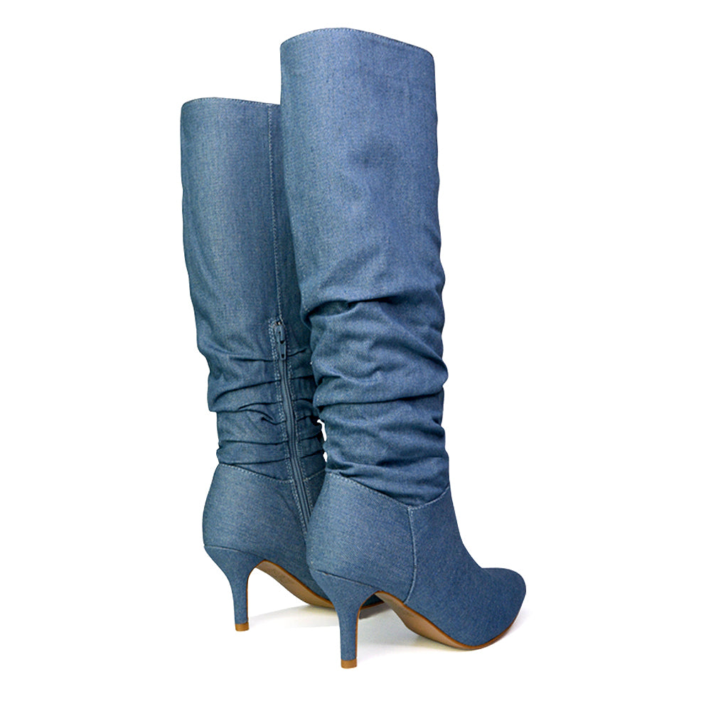 Sian Pointed Toe Knee High Ruched Stiletto High Heeled Boots in Denim