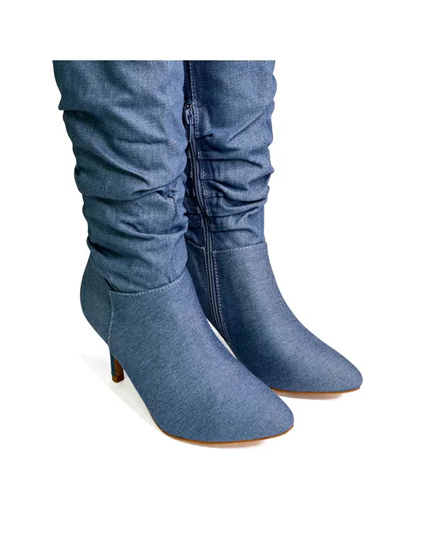 Sian Pointed Toe Knee High Ruched Stiletto High Heeled Boots in Denim