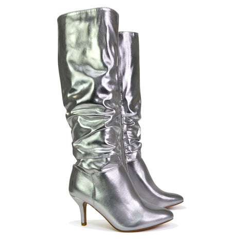 Sian Pointed Toe Knee High Ruched Stiletto High Heeled Boots in Silver
