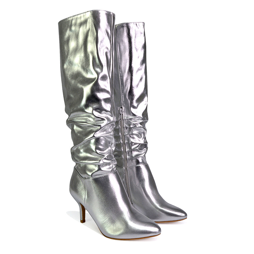 Sian Pointed Toe Knee High Ruched Stiletto High Heeled Boots in Silver