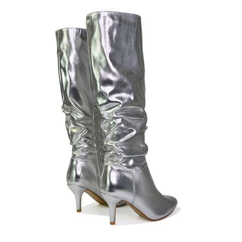 Sian Pointed Toe Knee High Ruched Stiletto High Heeled Boots in Silver