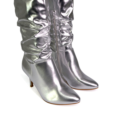 Sian Pointed Toe Knee High Ruched Stiletto High Heeled Boots in Silver