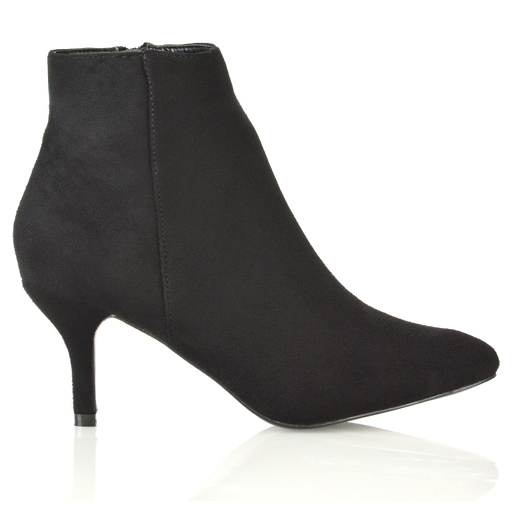 Anastasia Low mid Kitten High Heel Stiletto Zip-up Ankle Boots in Black PU