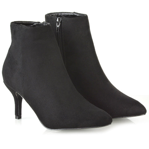 Anastasia Low mid Kitten High Heel Stiletto Zip-up Ankle Boots in Black PU