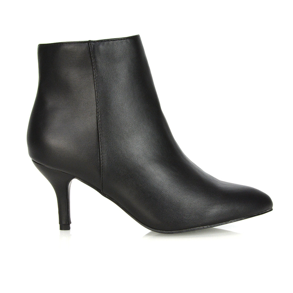 Anastasia Low mid Kitten High Heel Stiletto Zip-up Ankle Boots in Black PU