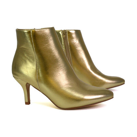 Anastasia Low mid Kitten High Heel Stiletto Zip-up Ankle Boots in Gold