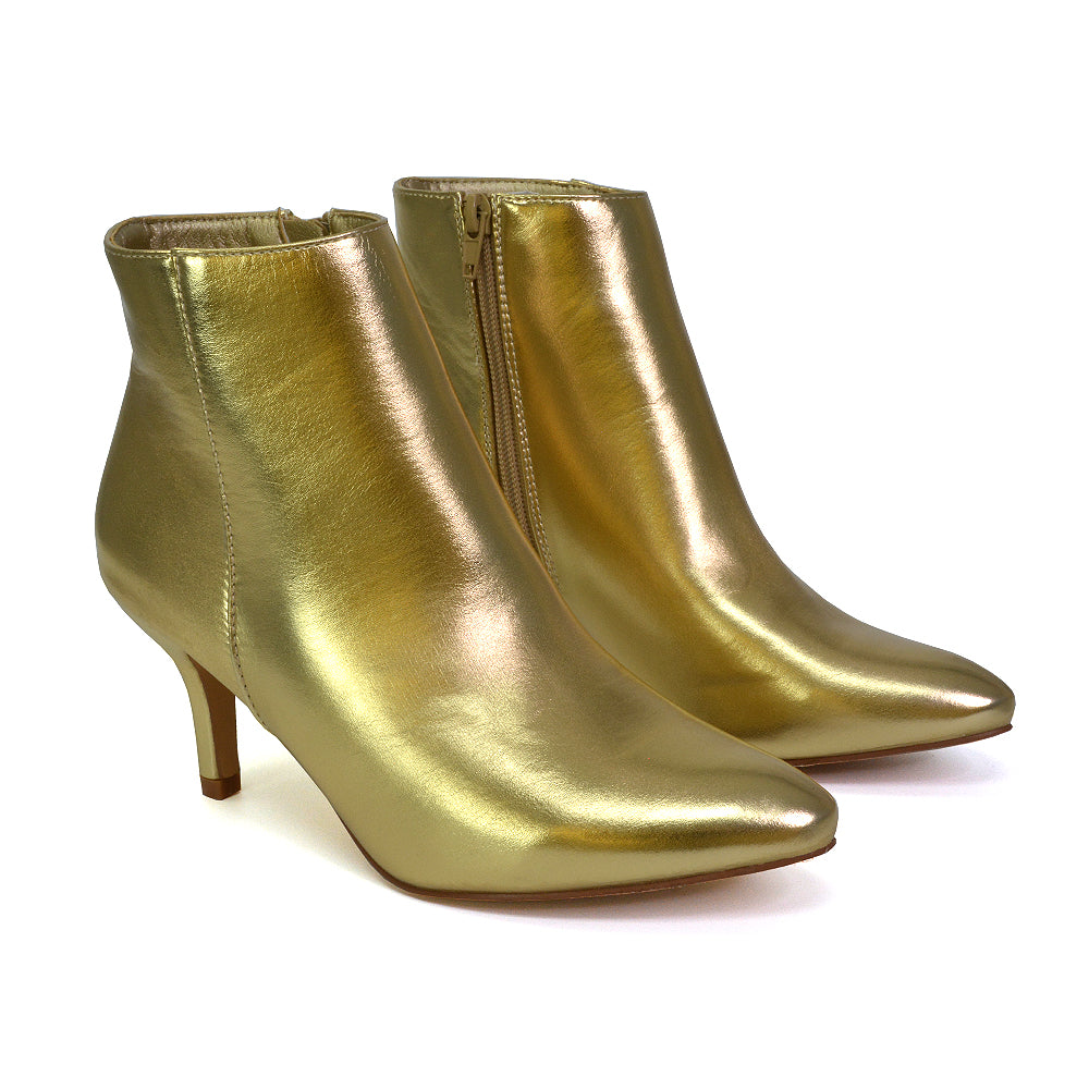 Anastasia Low mid Kitten High Heel Stiletto Zip-up Ankle Boots in Gold