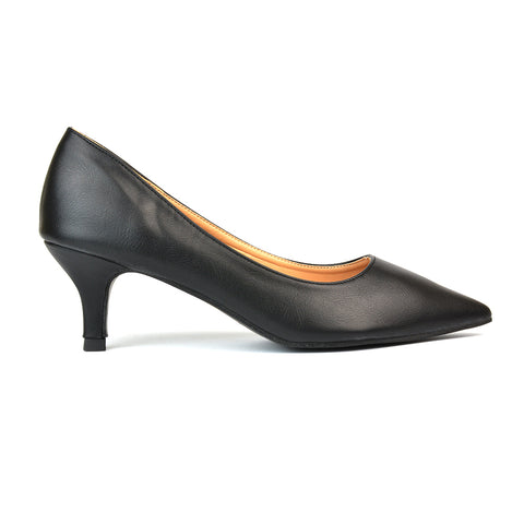 Cali Pointed Toe Court Shoes With a Low Kitten Heel In Black Synthetic Leather