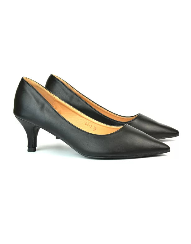 Cali Pointed Toe Court Shoes With a Low Kitten Heel In Black Synthetic Leather