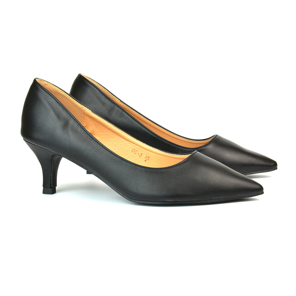 Cali Pointed Toe Court Shoes With a Low Kitten Heel In Black Synthetic Leather