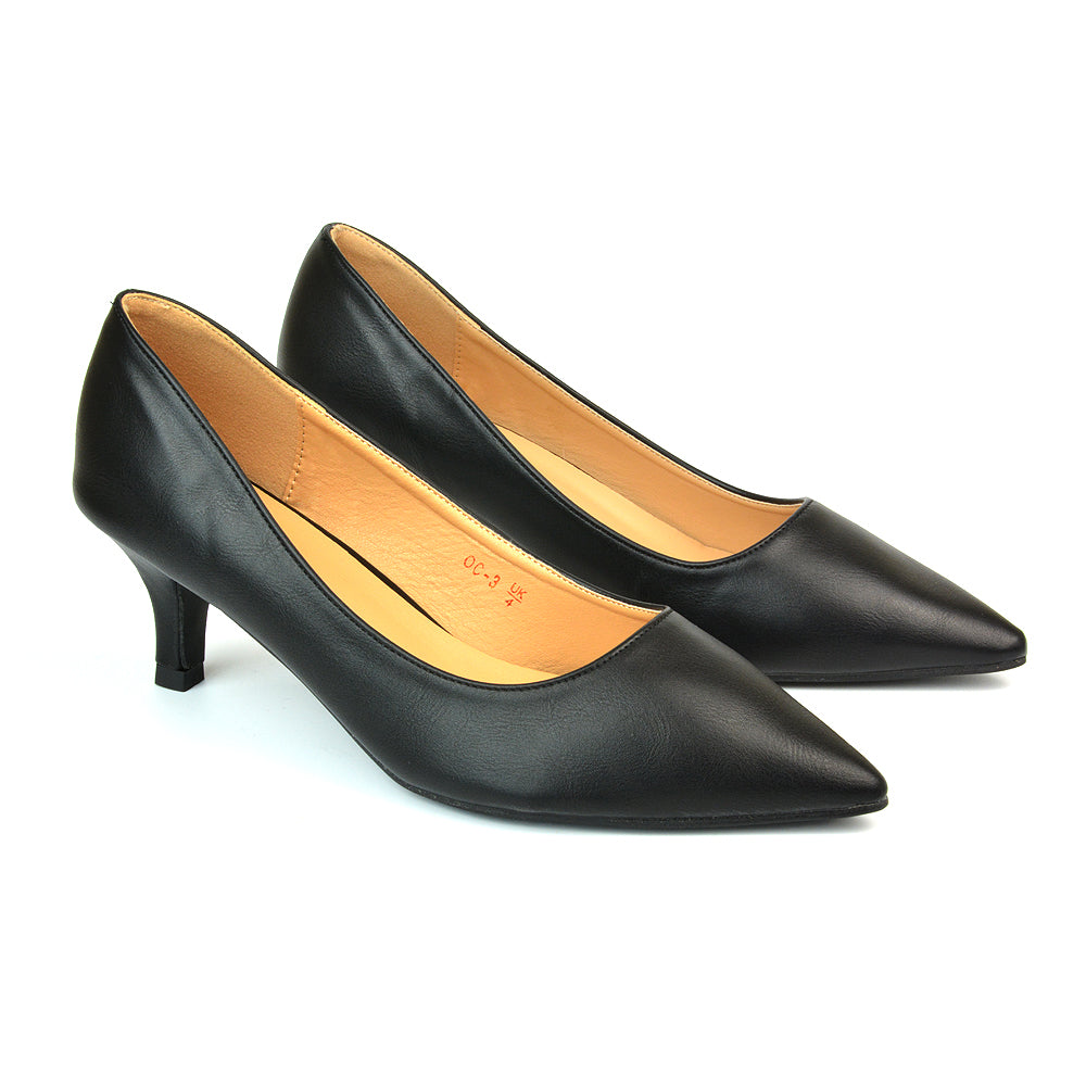 Cali Pointed Toe Court Shoes With a Low Kitten Heel In Black Synthetic Leather Black UK 3 EU 36 US 5