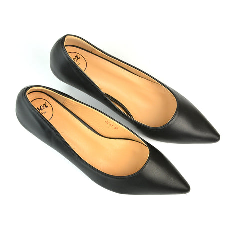 Cali Pointed Toe Court Shoes With a Low Kitten Heel In Black Synthetic Leather