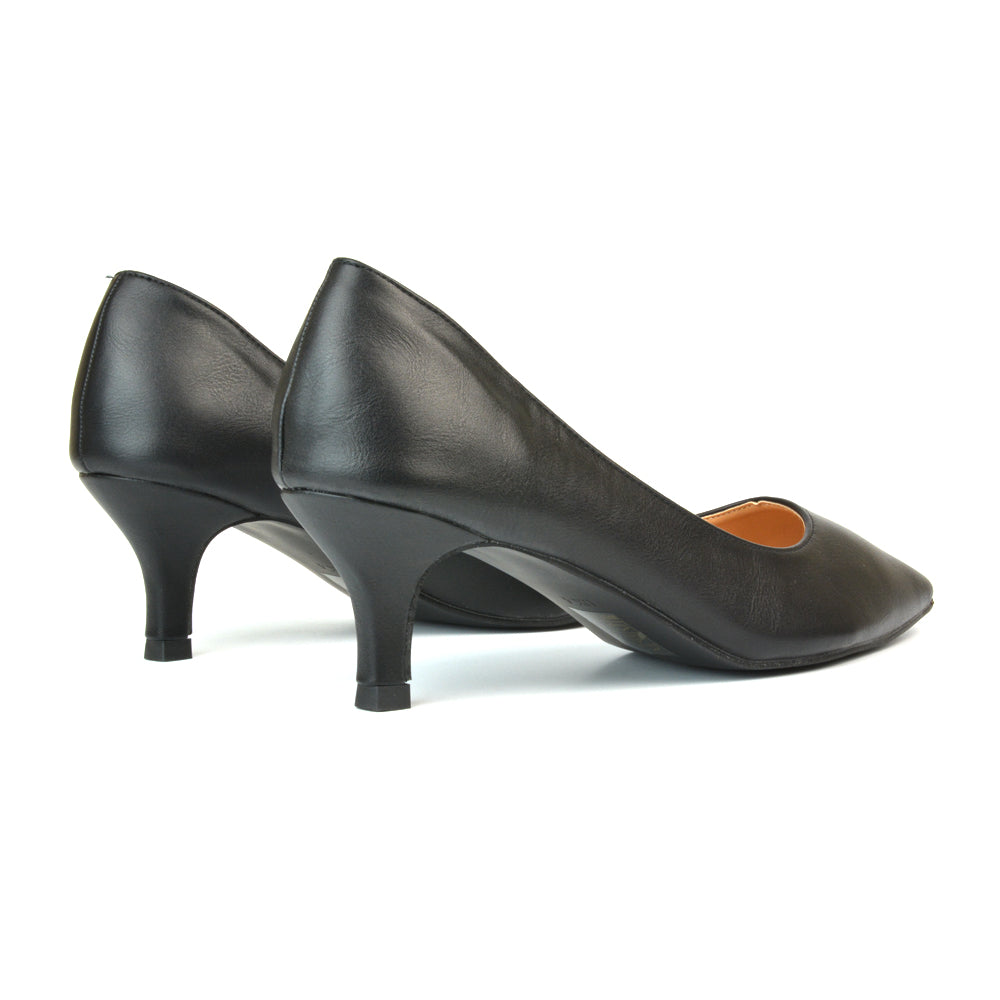 Cali Pointed Toe Court Shoes With a Low Kitten Heel In Black Synthetic Leather