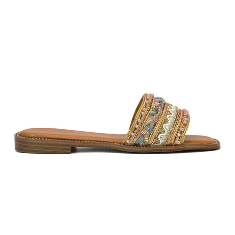 Skyes Diamante Pattern Strap Square Toe Flat Sandal Sliders in Nude