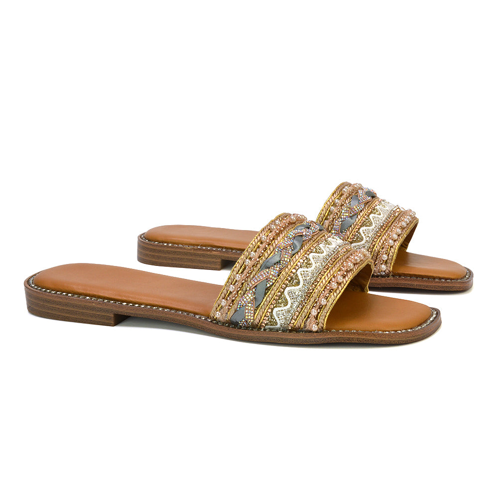 Skyes Diamante Pattern Strap Square Toe Flat Sandal Sliders in Nude