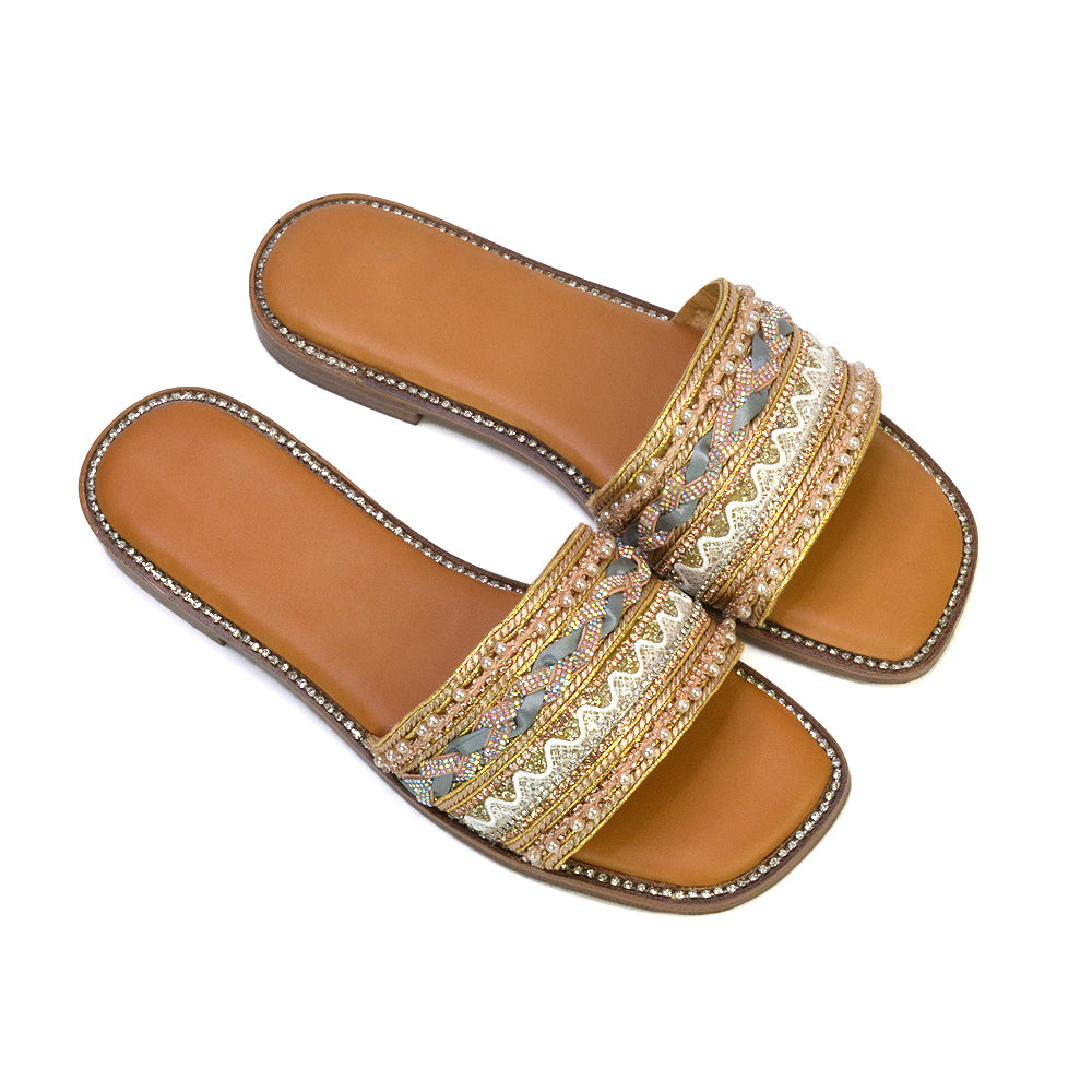 nude diamante flat sandals