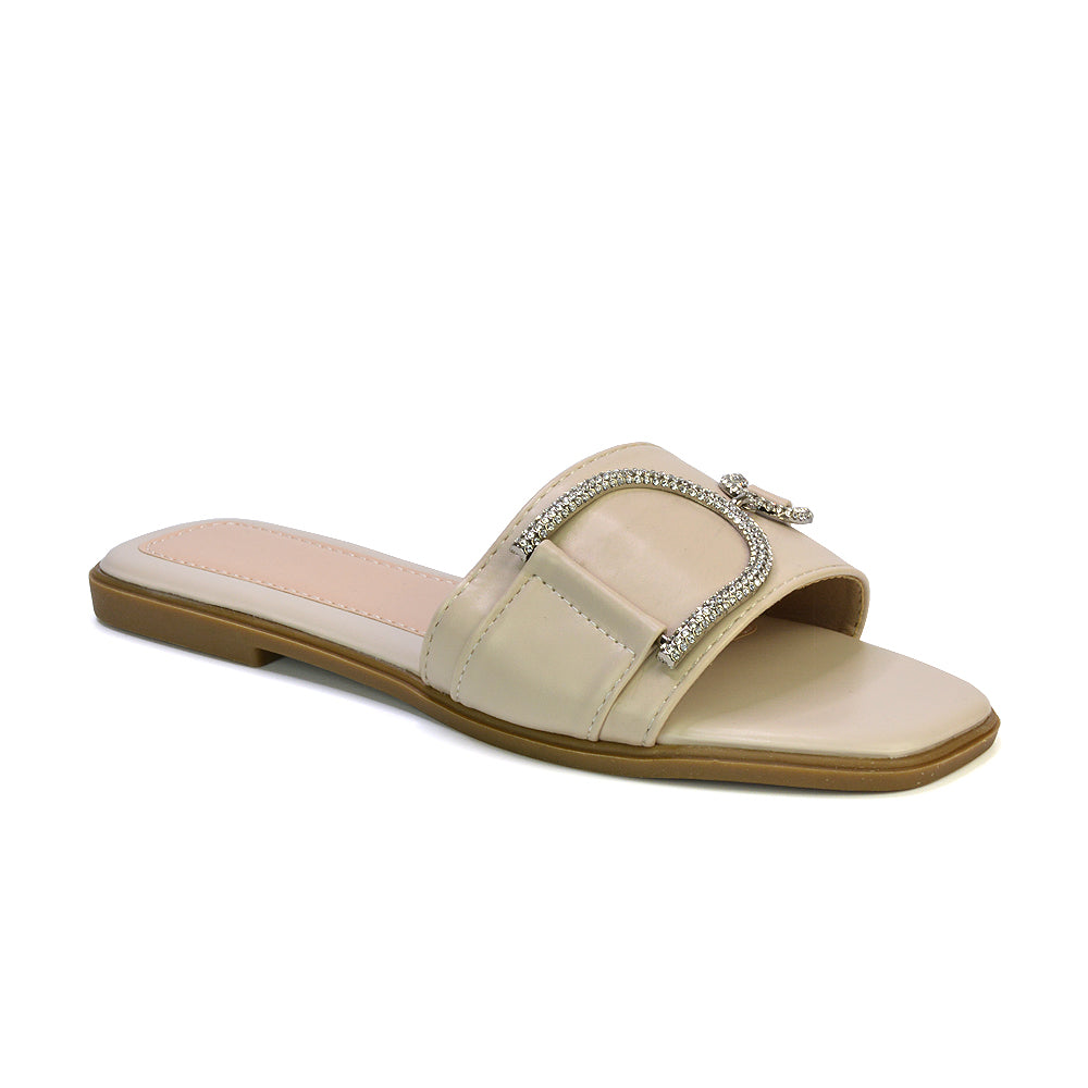 Florence Square Toe Diamante Embellished Flat Sandals in Beige