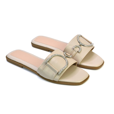 Florence Square Toe Diamante Embellished Flat Sandals in Beige