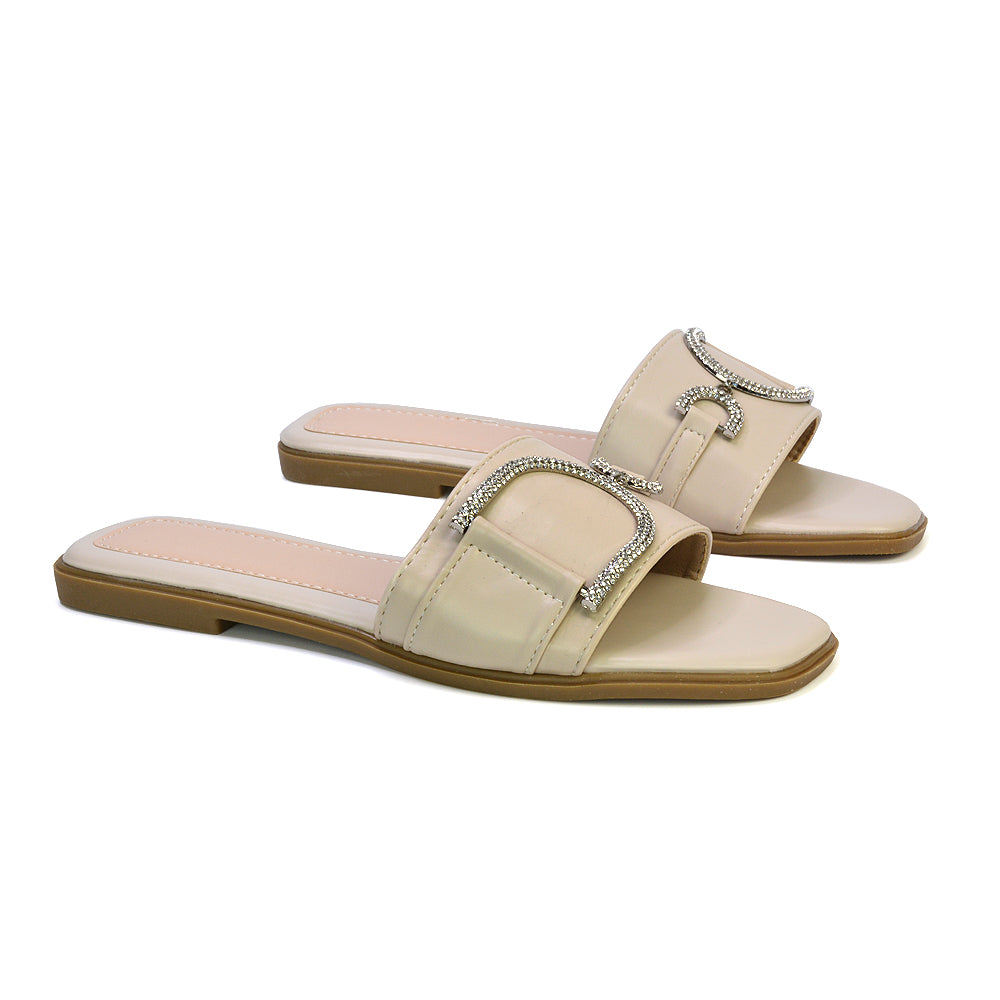 Florence Square Toe Diamante Embellished Flat Sandals in Beige