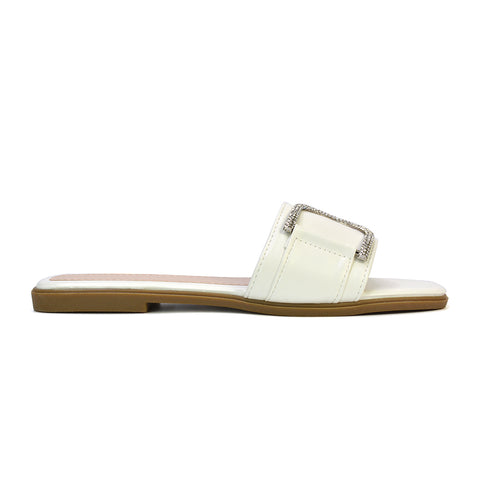Florence Square Toe Diamante Embellished Flat Sandals in Beige