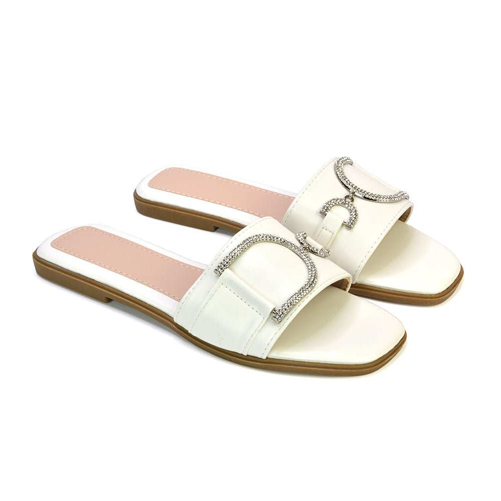 Florence Square Toe Diamante Embellished Flat Sandals in White