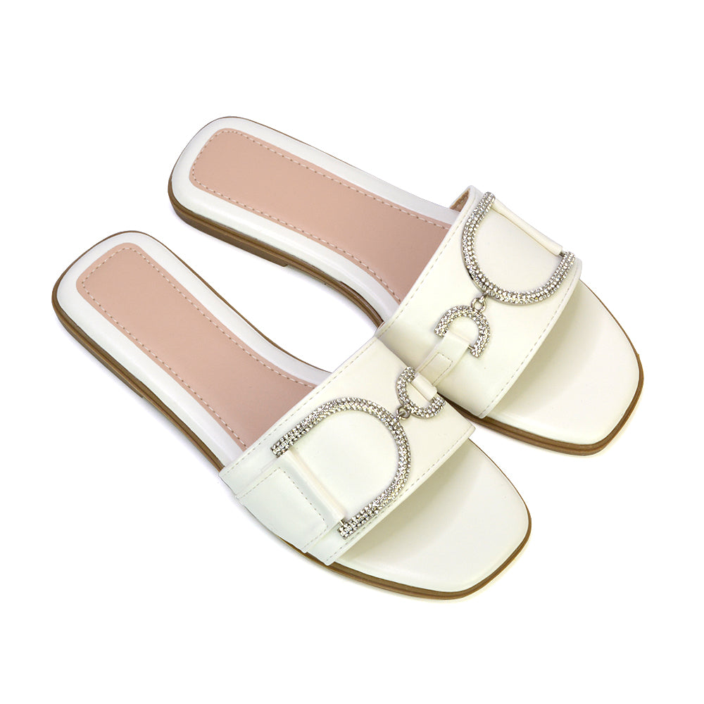 Florence Square Toe Diamante Embellished Flat Sandals in Beige