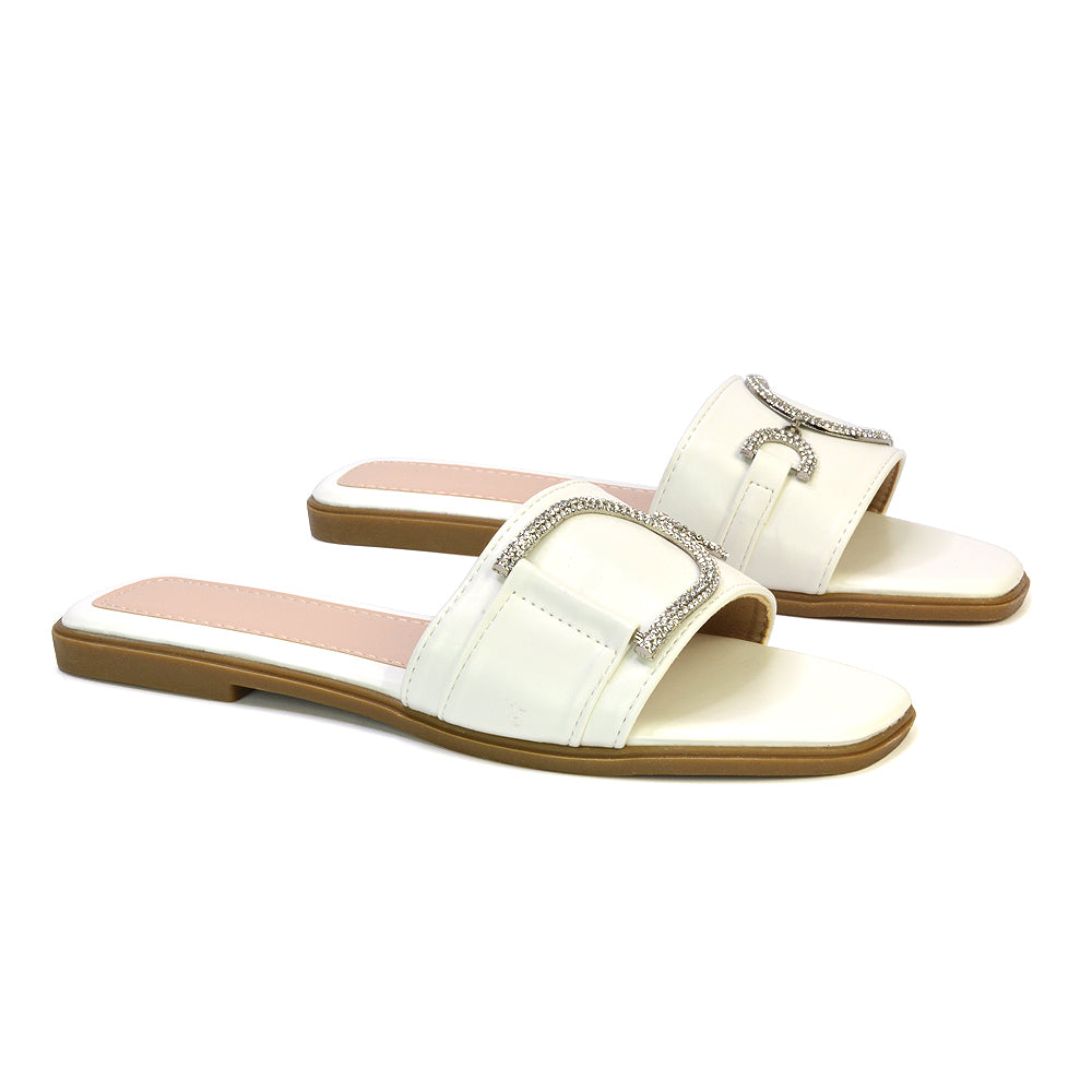 Florence Square Toe Diamante Embellished Flat Sandals in Beige