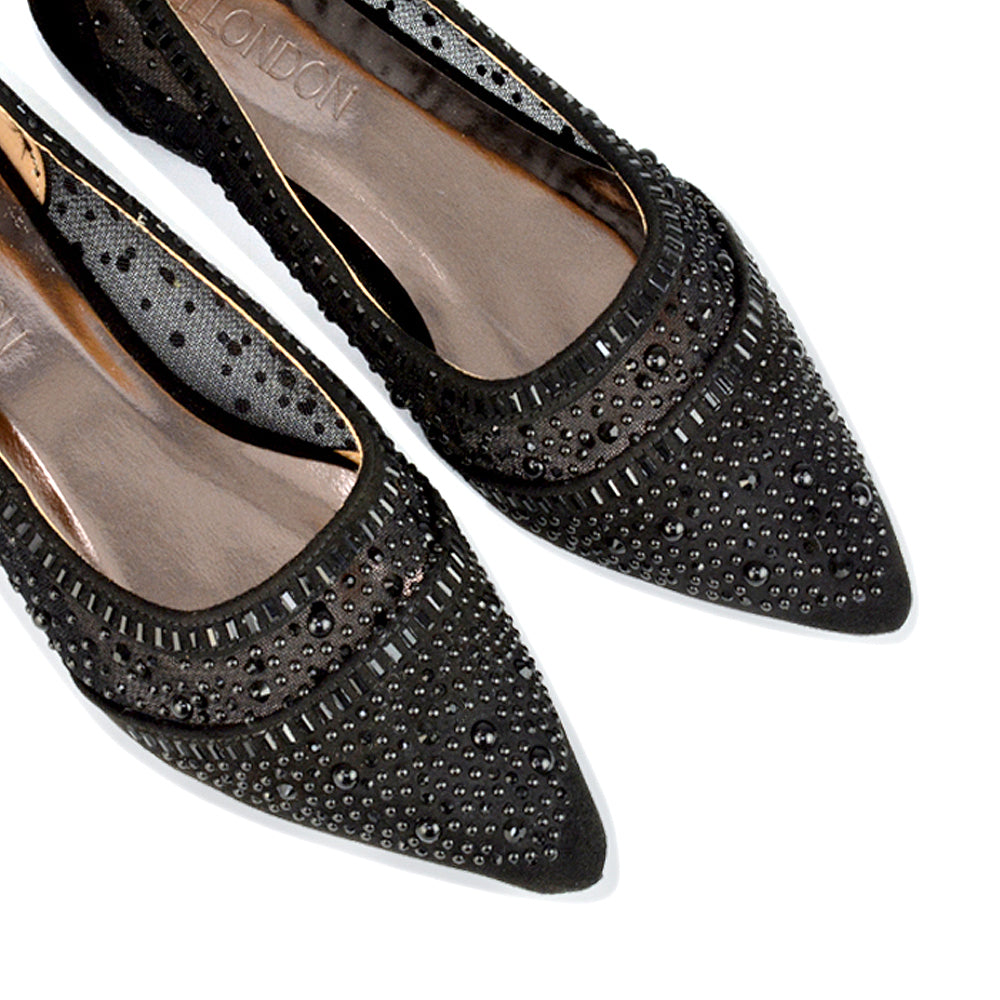 Vivian Pointed Toe Sparkly Diamante Wedding Bridal Pump Flats in Black Satin