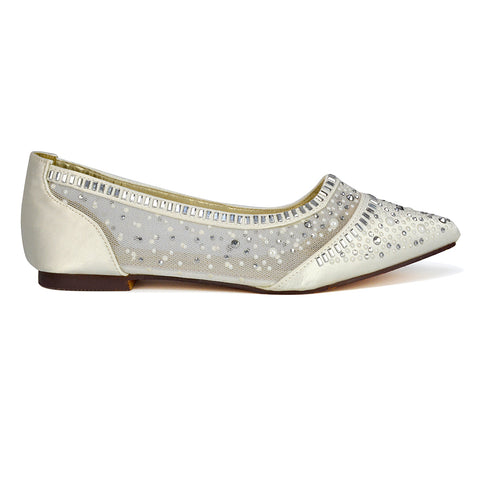 Vivian Pointed Toe Sparkly Diamante Wedding Bridal Pump Flats in Ivory Satin