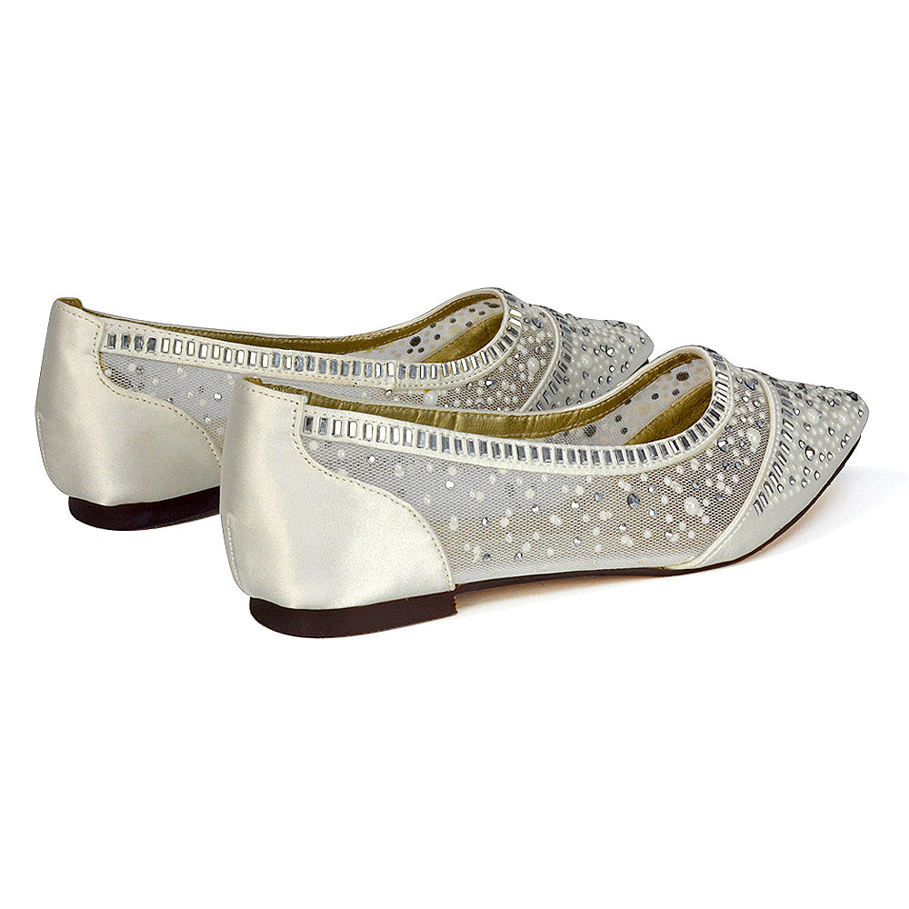 Vivian Pointed Toe Sparkly Diamante Wedding Bridal Pump Flats in Ivory Satin