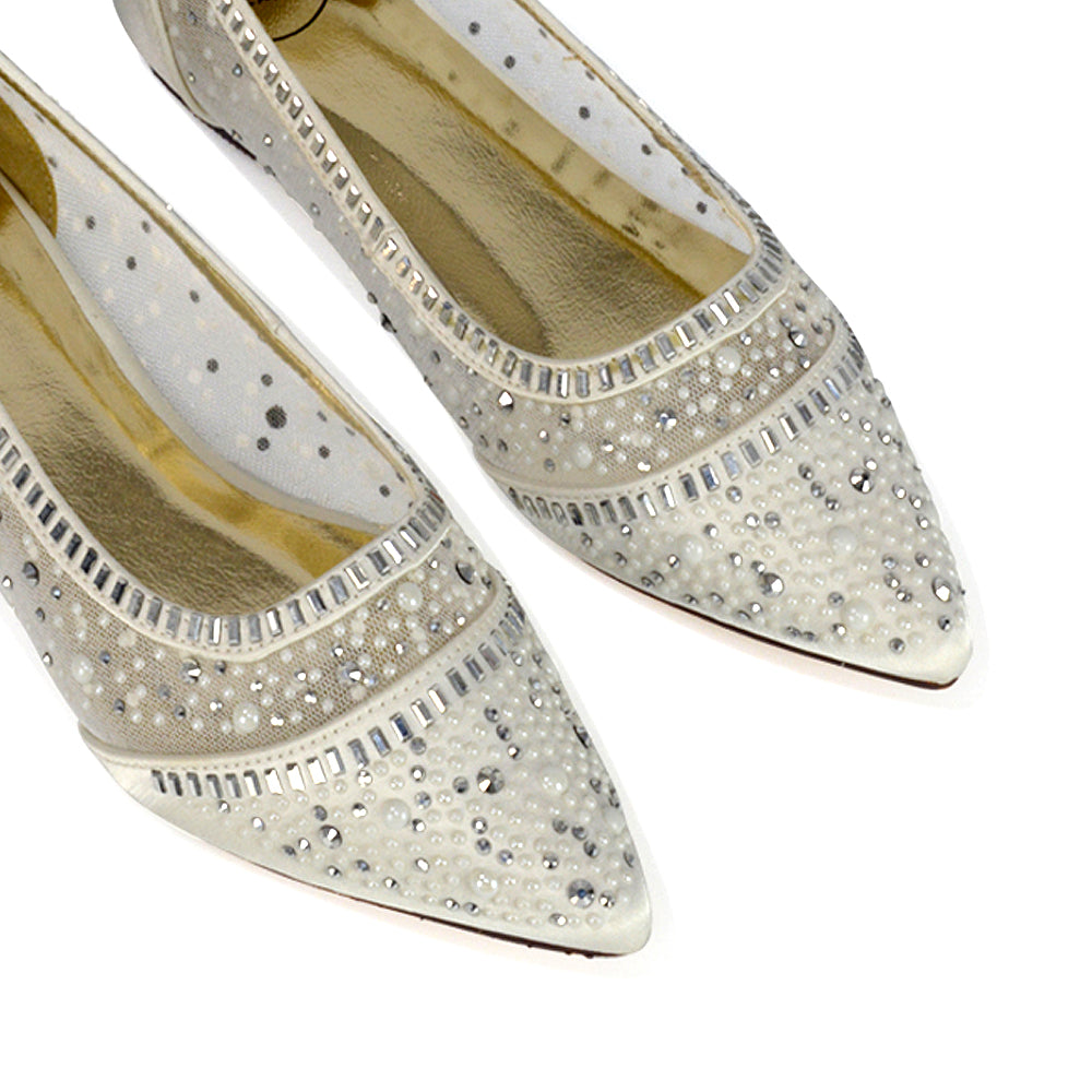 Vivian Pointed Toe Sparkly Diamante Wedding Bridal Pump Flats in Ivory Satin