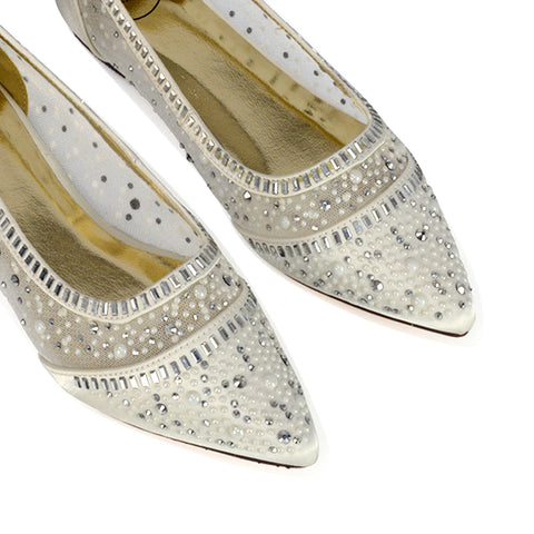 Vivian Pointed Toe Sparkly Diamante Wedding Bridal Pump Flats in Silver Satin