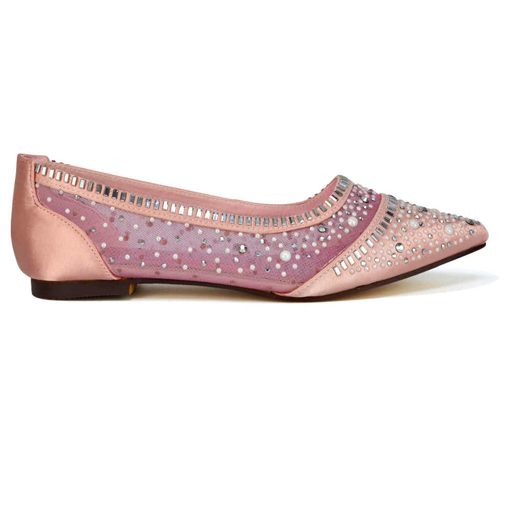 Vivian Pointed Toe Sparkly Diamante Wedding Bridal Pump Flats in Pink Satin