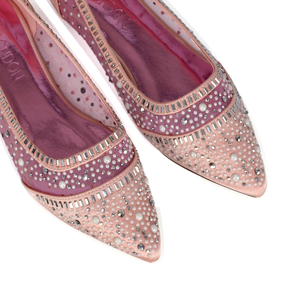Vivian Pointed Toe Sparkly Diamante Wedding Bridal Pump Flats in Pink Satin