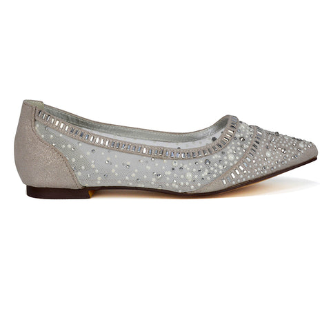 Vivian Pointed Toe Sparkly Diamante Wedding Bridal Pump Flats in Silver Satin