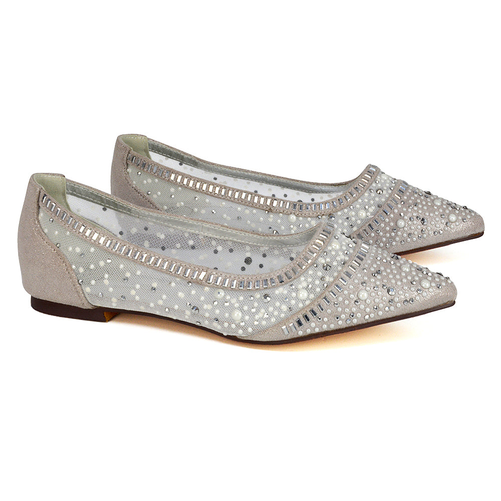 Vivian Pointed Toe Sparkly Diamante Wedding Bridal Pump Flats in Silver Satin