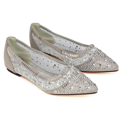 Vivian Pointed Toe Sparkly Diamante Wedding Bridal Pump Flats in Silver Satin