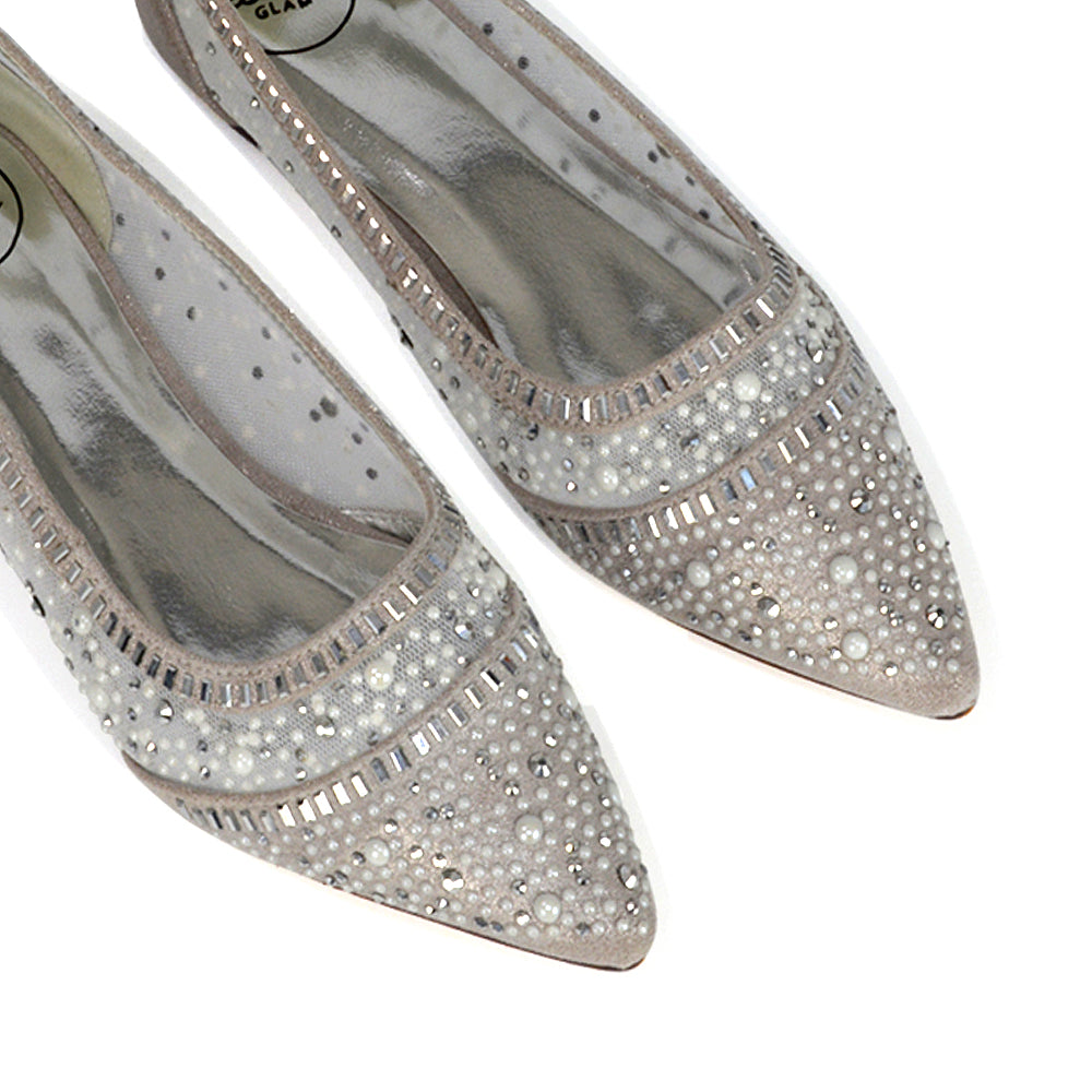 Vivian Pointed Toe Sparkly Diamante Wedding Bridal Pump Flats in Silver Satin