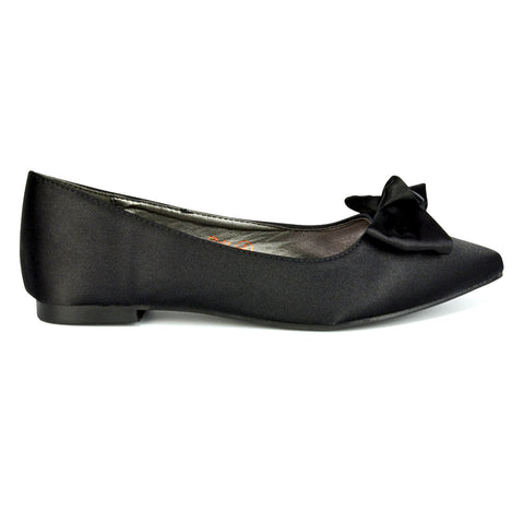Cally Bow Detail Pointed Toe Ballerina Bridal Flats Pump Shoes in Black Satin