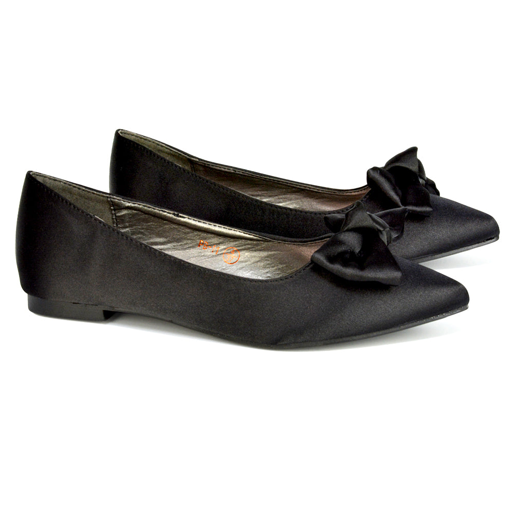 Cally Bow Detail Pointed Toe Ballerina Bridal Flats Pump Shoes in Black Satin