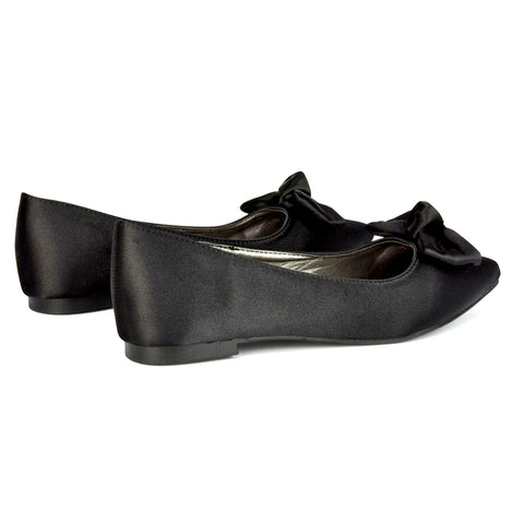 Cally Bow Detail Pointed Toe Ballerina Bridal Flats Pump Shoes in Black Satin