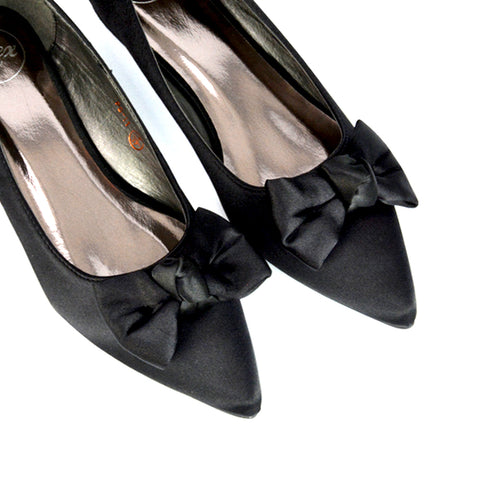 Cally Bow Detail Pointed Toe Ballerina Bridal Flats Pump Shoes in Black Satin