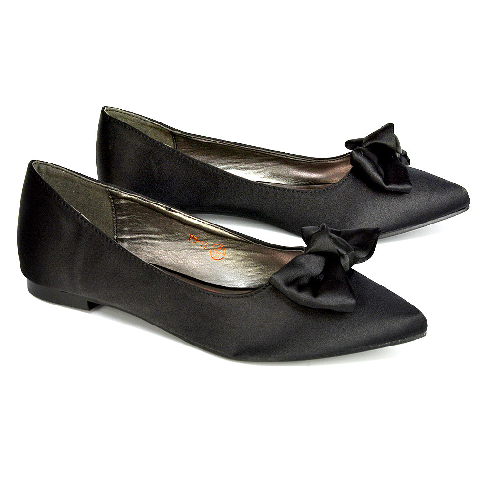 Cally Bow Detail Pointed Toe Ballerina Bridal Flats Pump Shoes in Black Satin